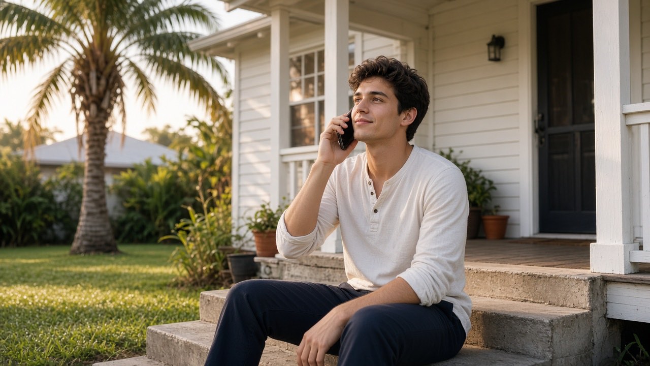 A young man sitting on his front steps in morning light, talking on his phone