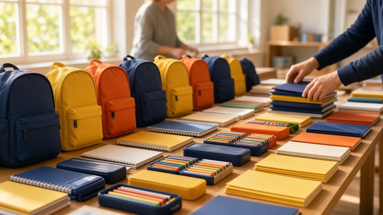 Donated backpacks and school supplies on a table in a bright community room