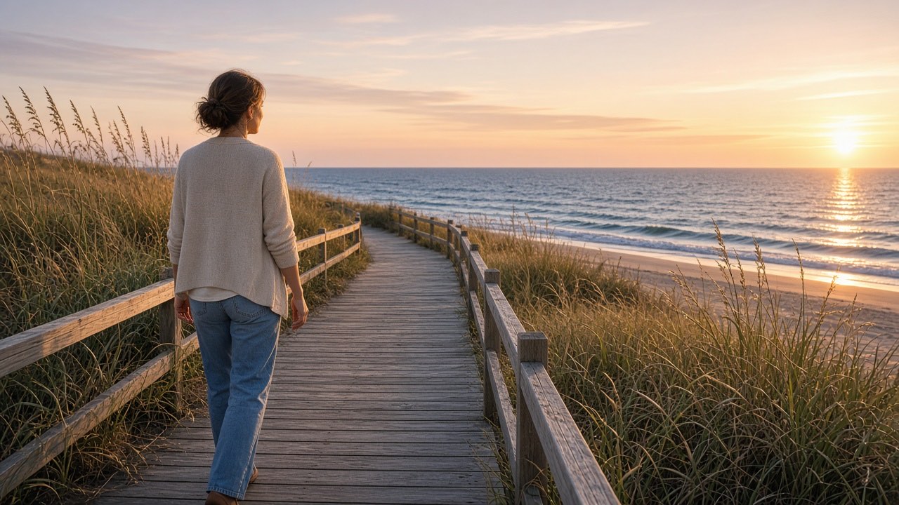 A woman walking along a beach boardwalk at sunrise