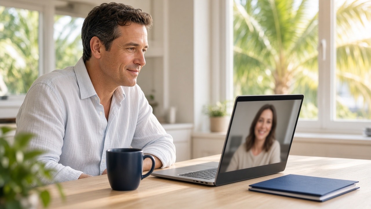 A man on a video call with an attorney from his laptop at a sunlit kitchen table