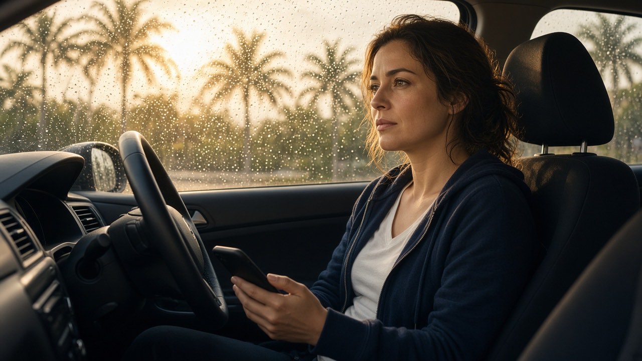 A woman in a parked car pausing before a phone call as rain clears outside