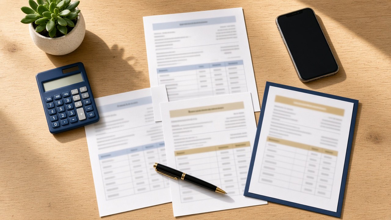 Medical bills, a repair estimate and a calculator spread across a wooden table in morning light