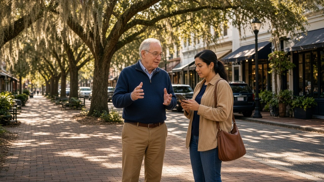 Two people talking on a sunny Winter Park sidewalk while one types notes on a phone