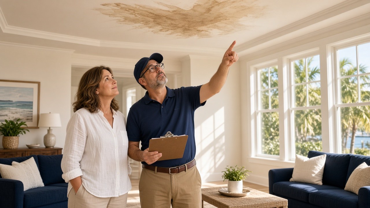 A homeowner and an inspector looking up at a water stain on a living-room ceiling
