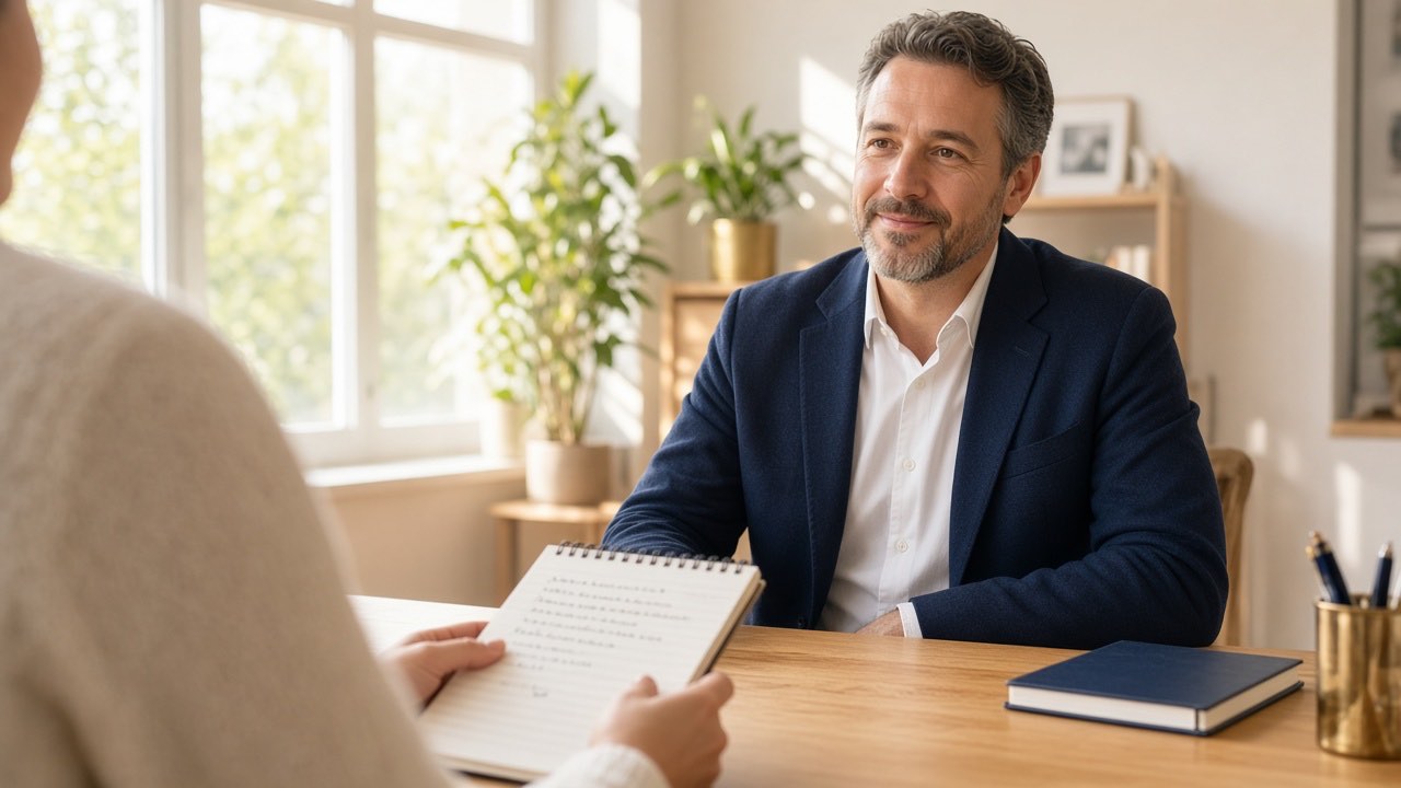 Over-the-shoulder view of a client holding a notebook of questions across the desk from an attorney