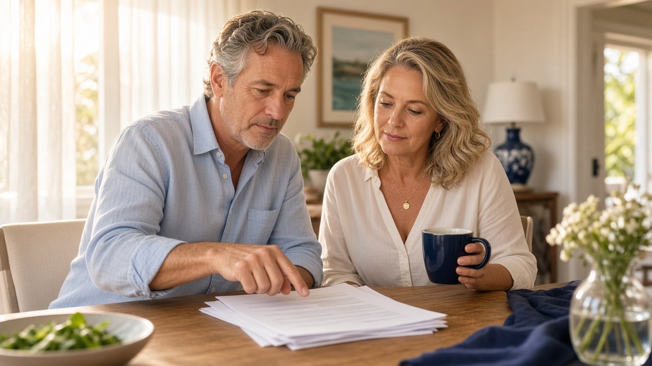 A couple reviewing paperwork together at a dining table in late-afternoon light