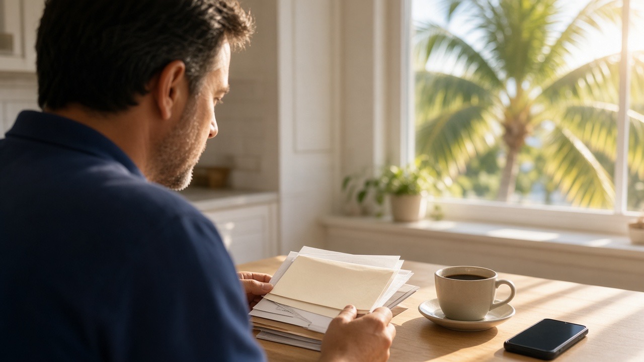 A man at his kitchen table in morning light, sorting through a stack of envelopes beside a cup of coffee