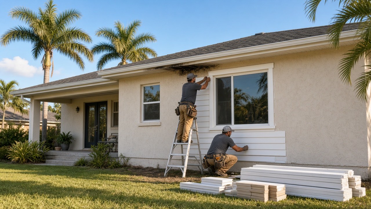A restoration crew repairing the exterior of a Florida home in afternoon light