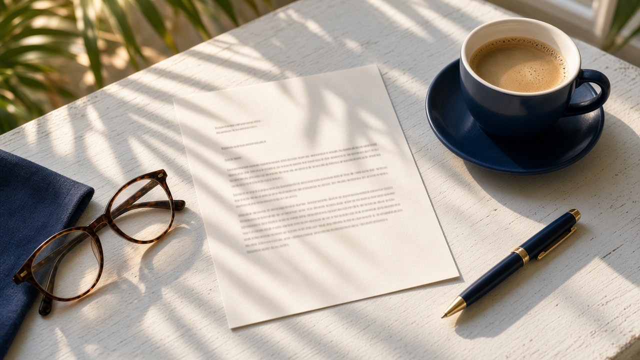 An insurance letter, reading glasses and a coffee cup on a porch table in morning light