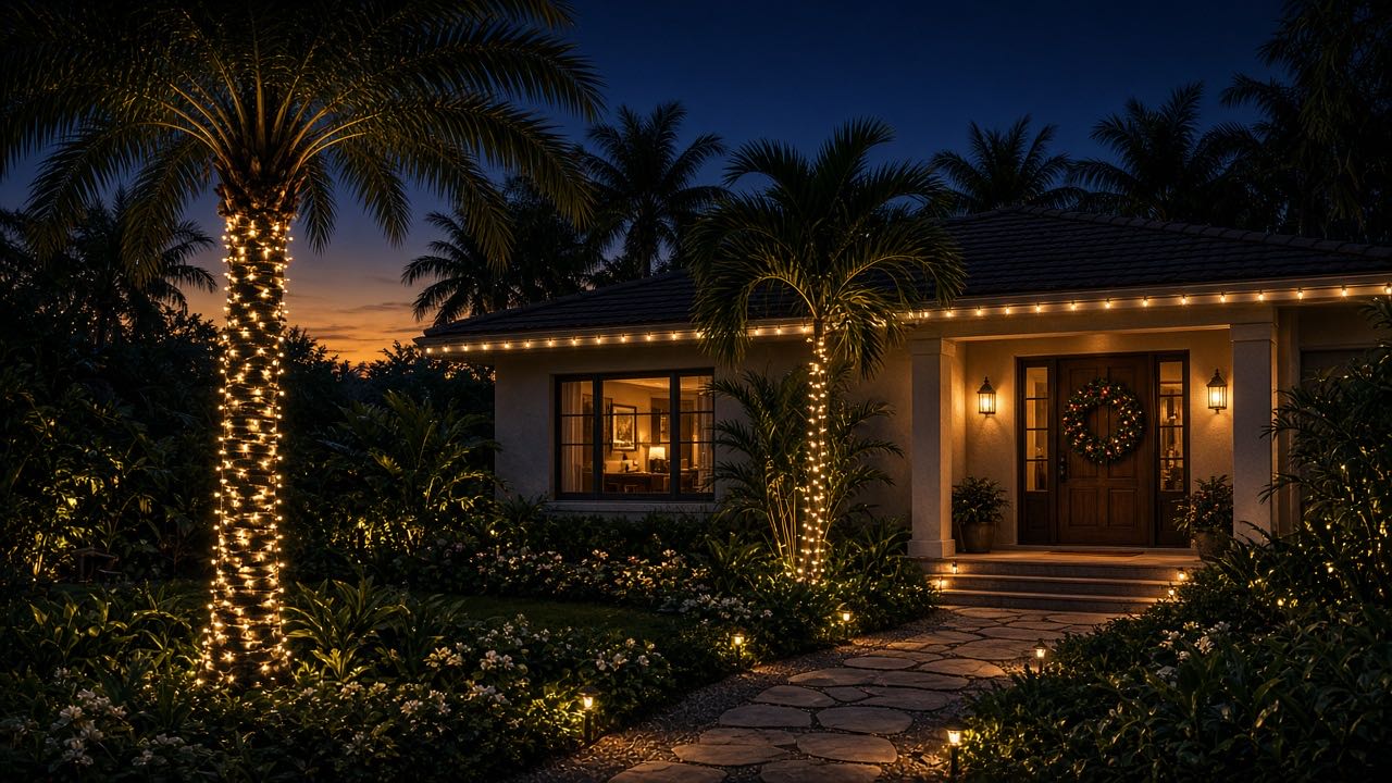 A Florida home with holiday lights and light-wrapped palm trees at dusk
