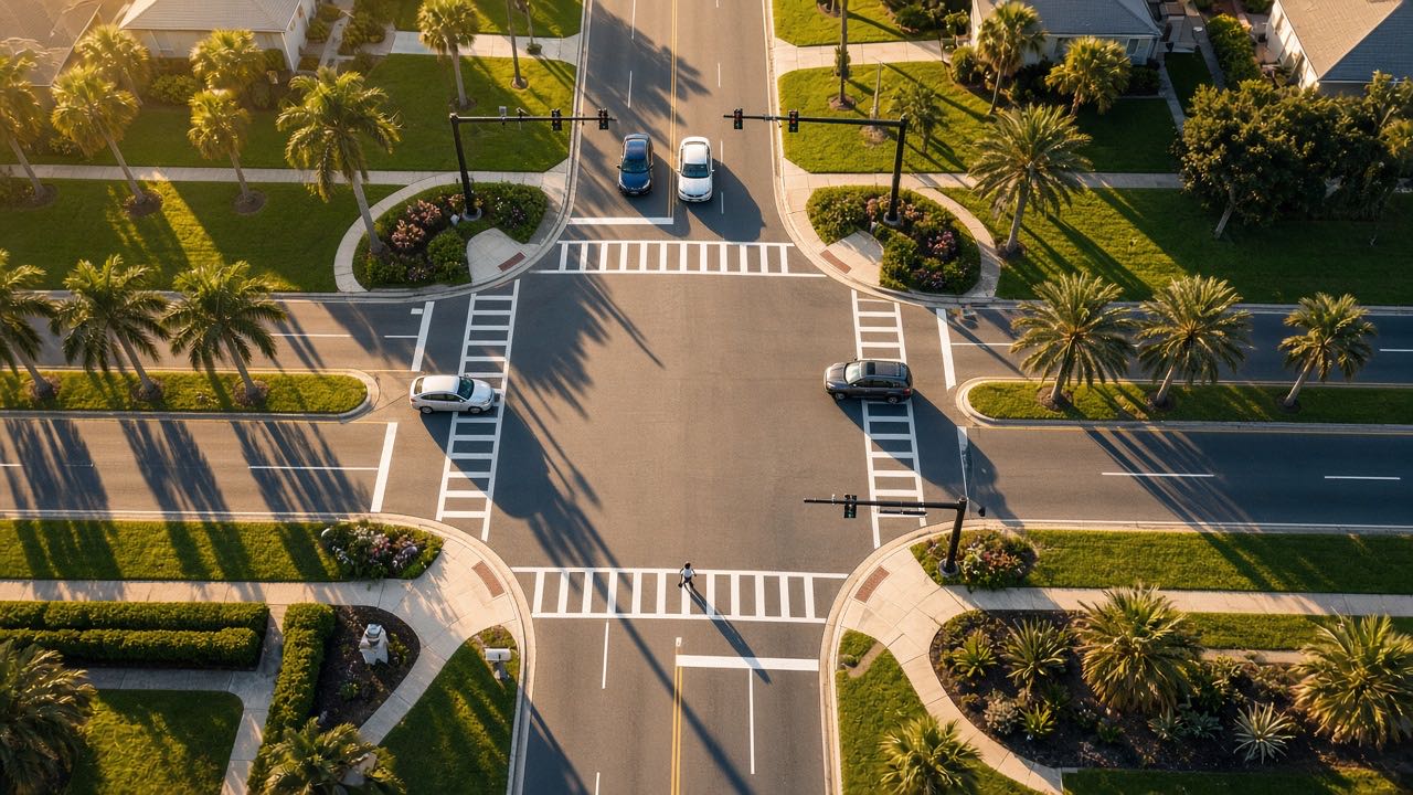 Aerial view of a Florida intersection and its crosswalks at sunrise