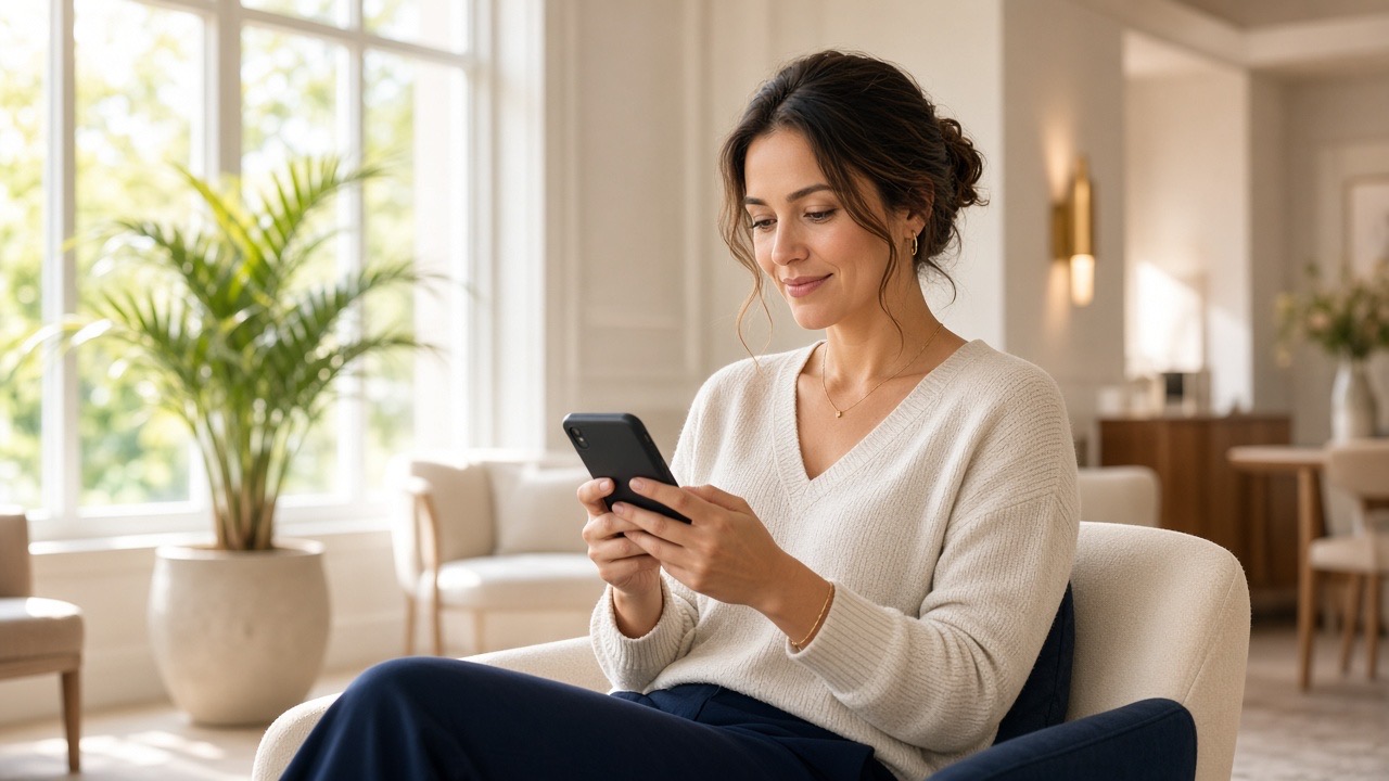 A woman sitting in a bright, sunlit room, smiling as she reads a message on her phone