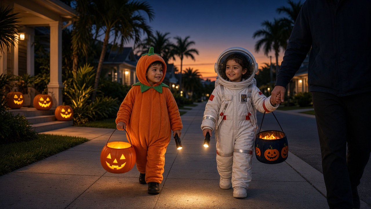 Children in costumes carrying glowing flashlights with a parent on a Florida sidewalk at dusk