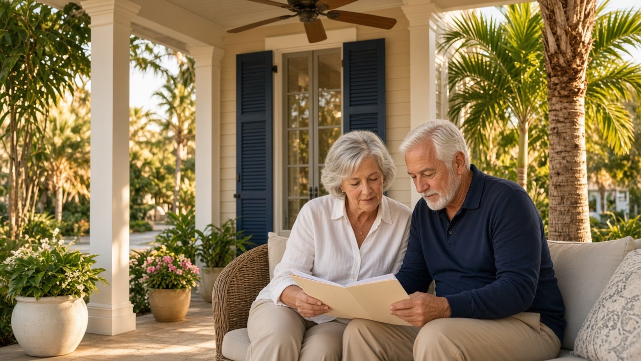 A couple on the porch of their Florida home at golden hour, reviewing documents
