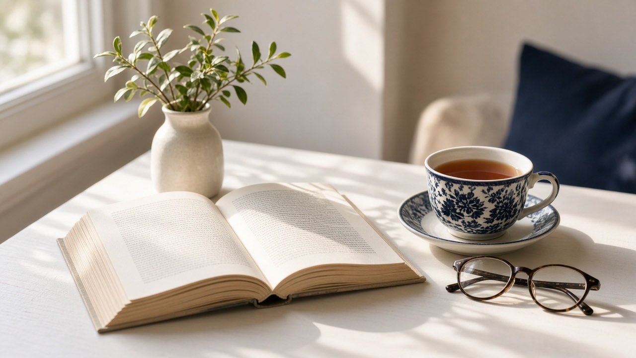 An open reference book and a cup of tea on a sunlit table