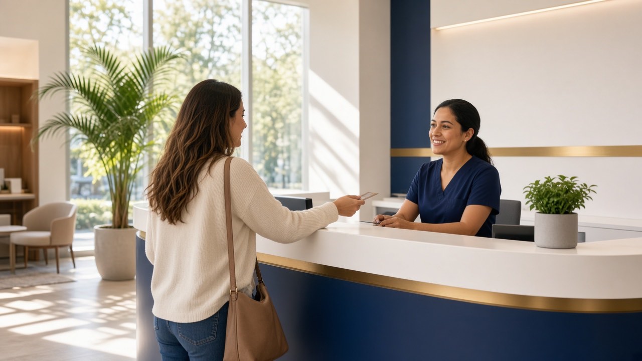 A patient handing an insurance card to a smiling receptionist at a bright clinic front desk