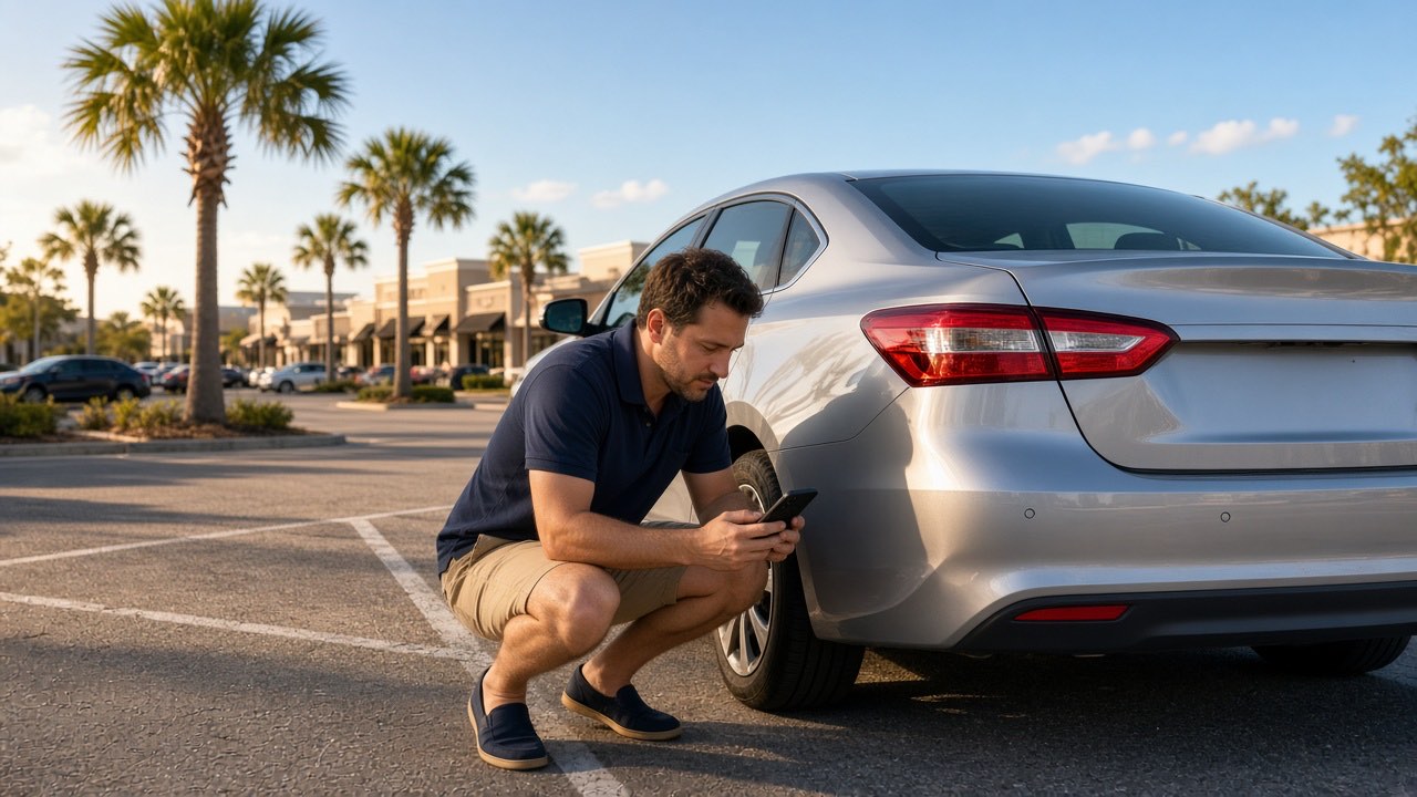 A man photographing his car's rear bumper with his phone in a palm-lined parking lot