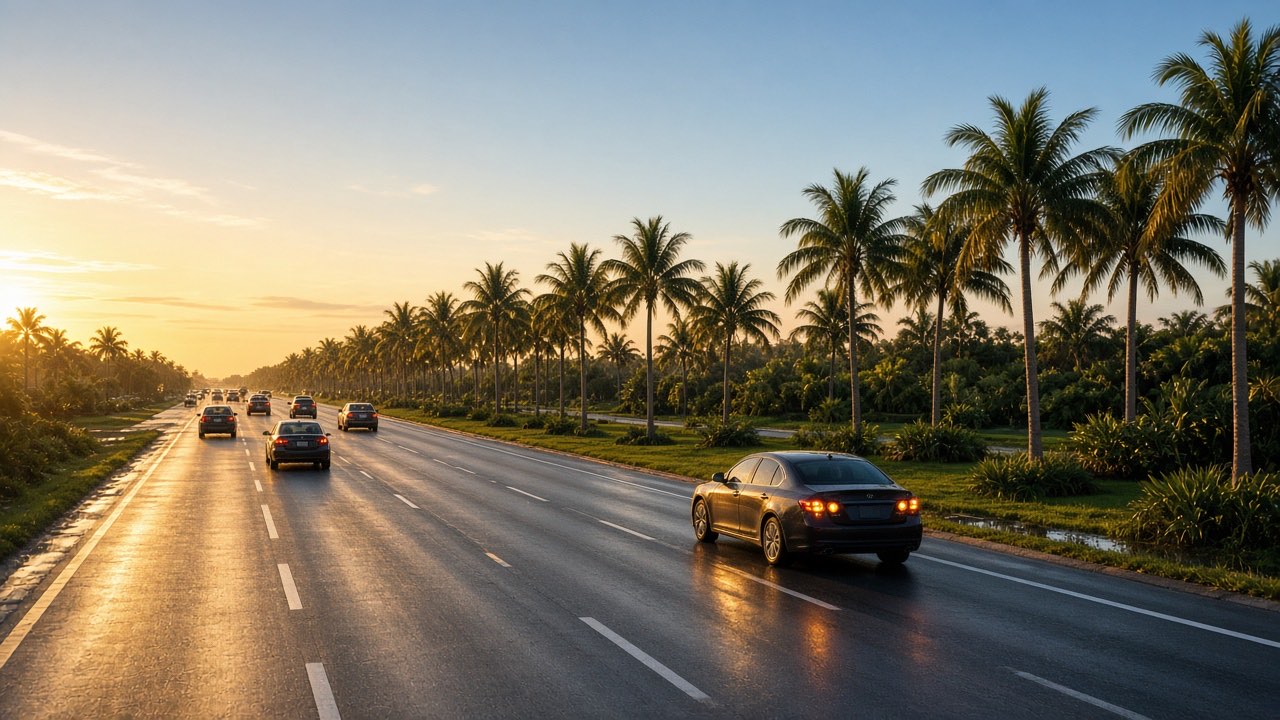 Cars shifting into the left lane on a palm-lined Florida highway at golden hour