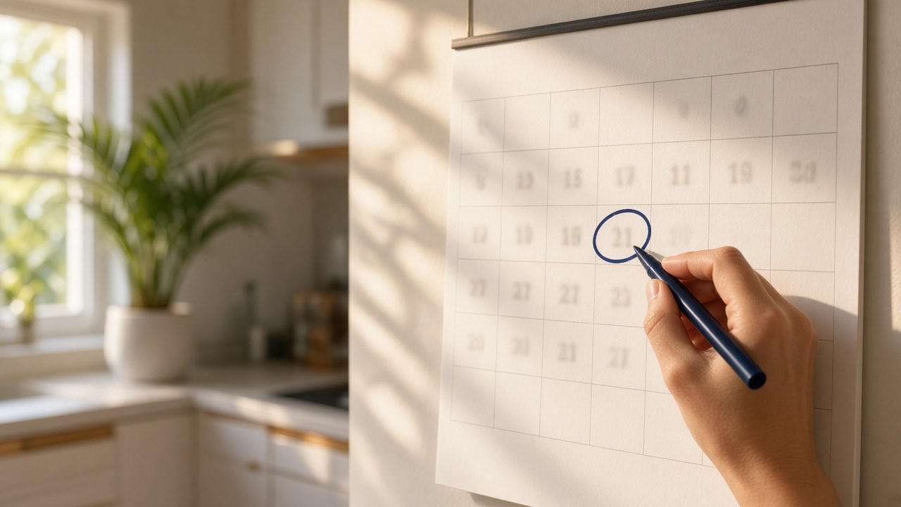 A hand circling a date on a wall calendar in morning light
