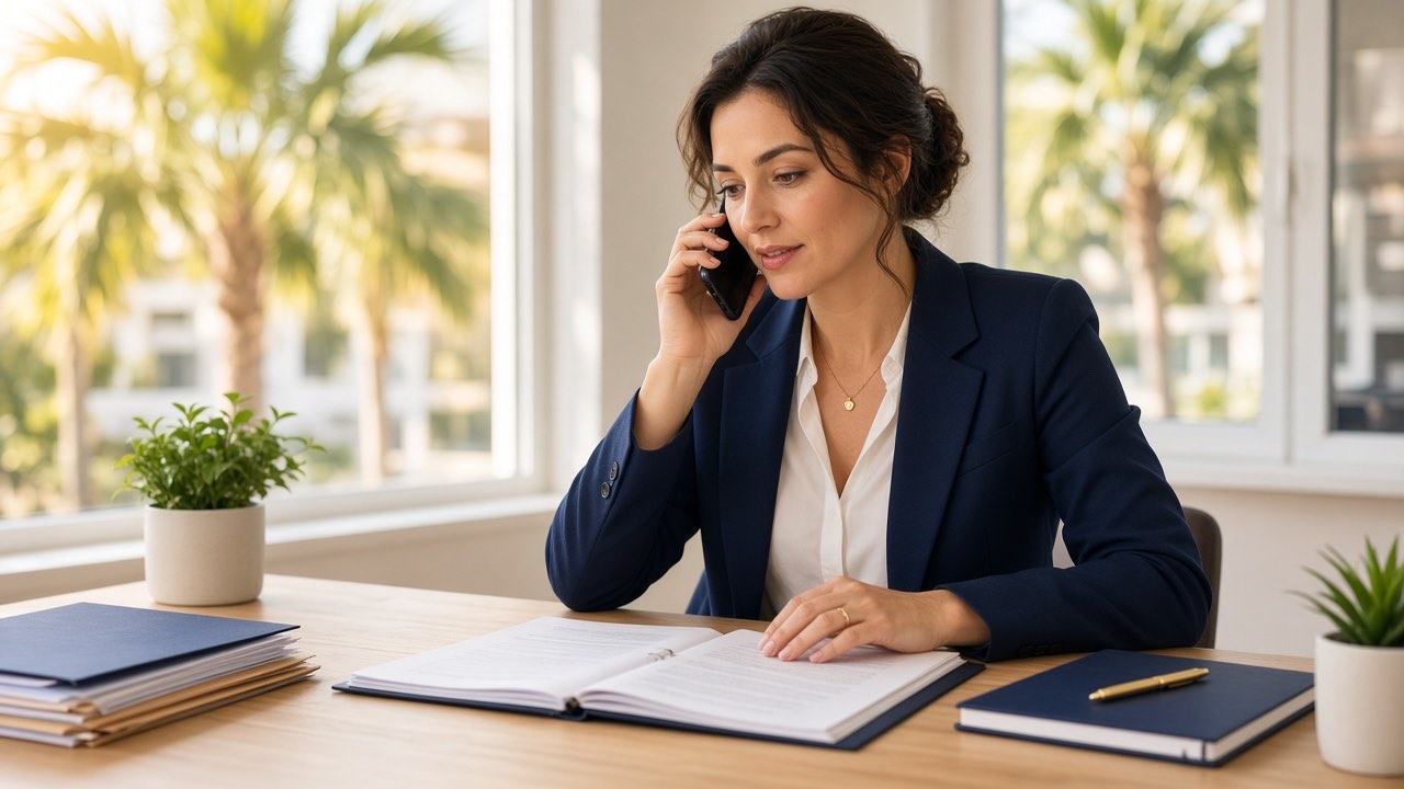 An attorney on a phone call at her desk beside case files, with window light behind her