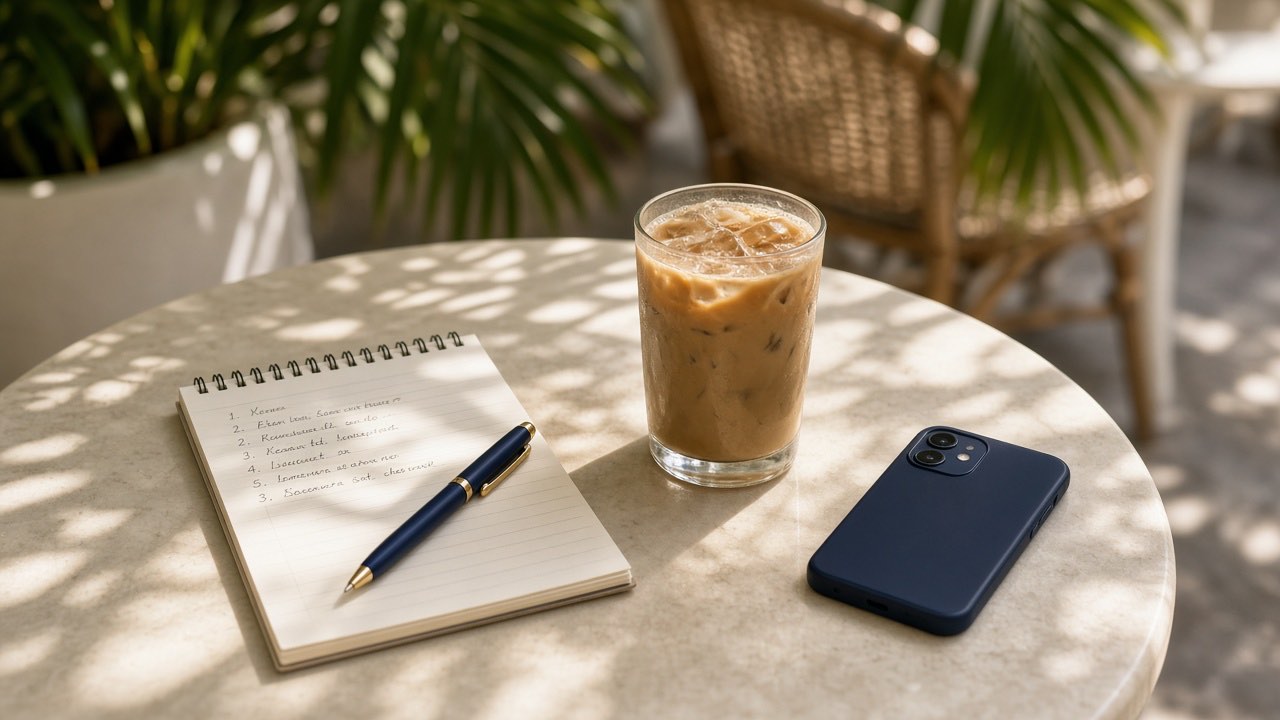 A notepad with a handwritten list and a pen on a café table