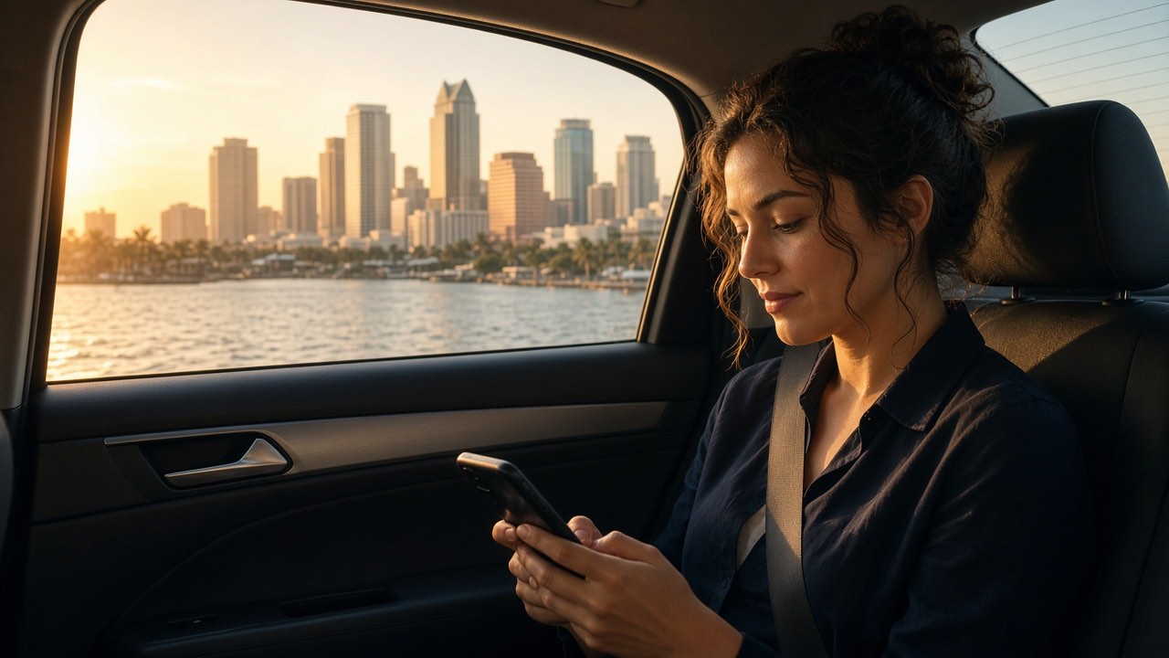 A passenger in the back seat of a rideshare checking the app, with the Tampa skyline through the window