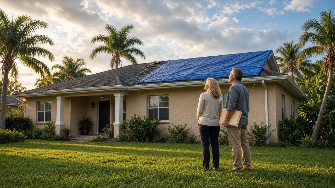 A couple standing on their lawn looking up at a blue tarp on their Florida home’s roof in late-afternoon light