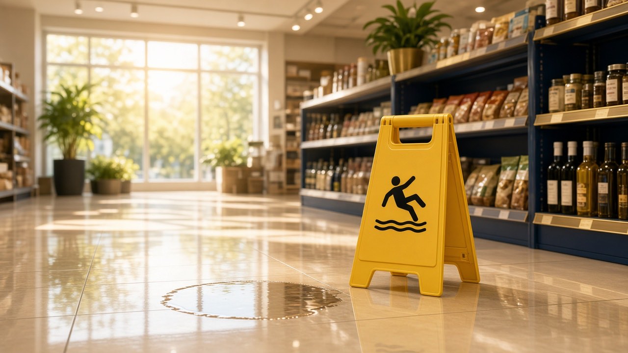 A yellow wet-floor caution sign on a shiny tiled floor in a bright store aisle