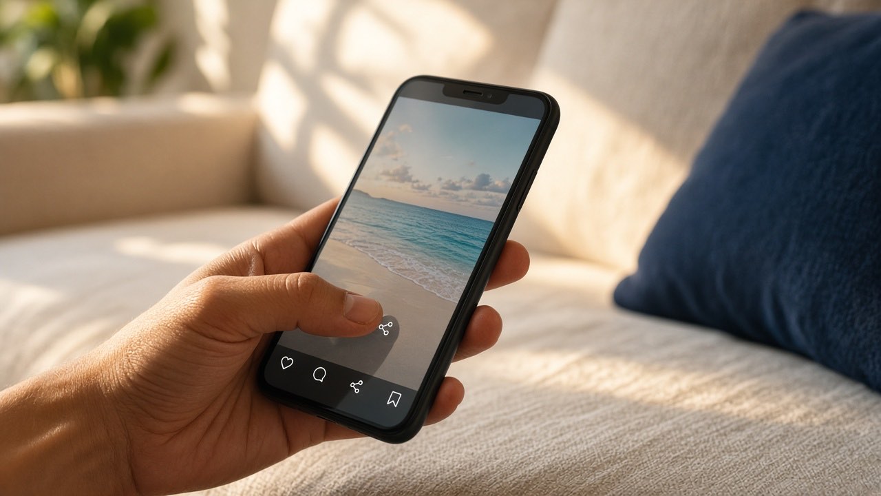 A thumb hovering over the post button on a phone, on a sunlit couch