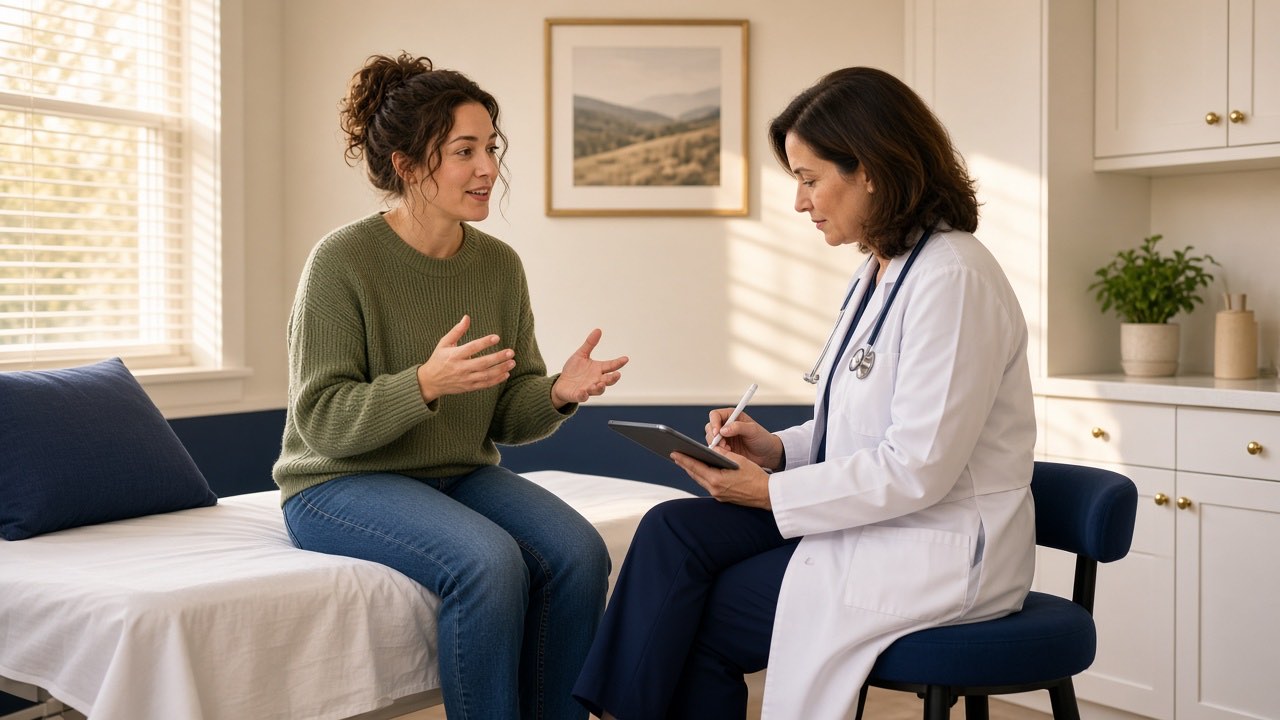 A woman talking with a doctor in a calm, sunlit urgent care exam room
