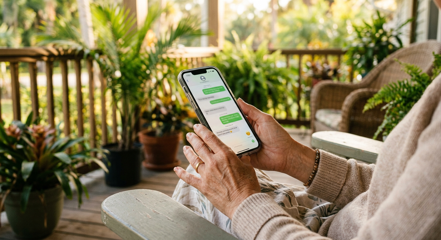 A client on her porch reading a text update from her case manager