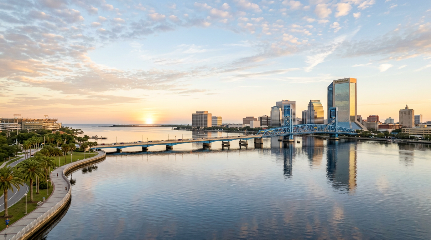 Bridge over the St. Johns River in Jacksonville at golden hour