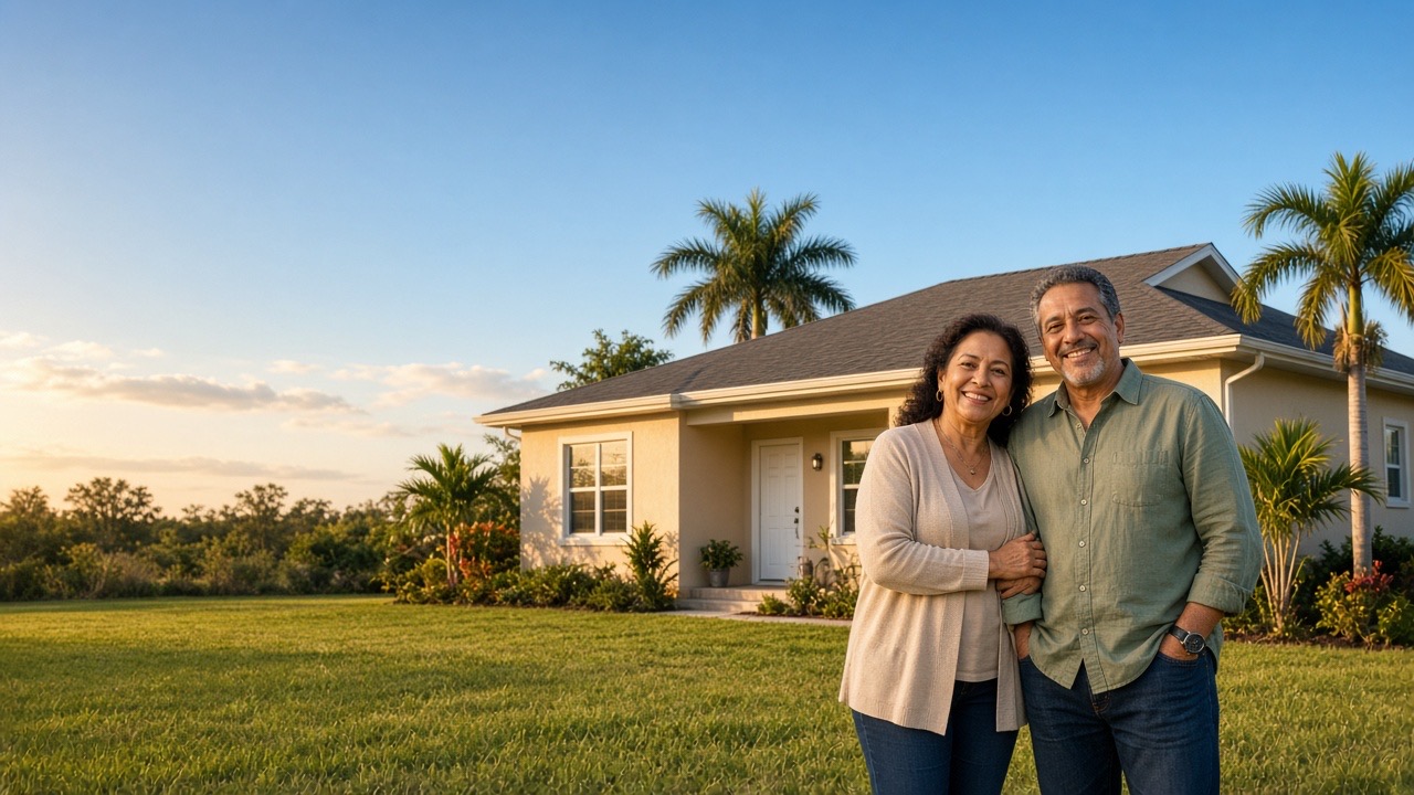 A smiling couple in front of their Central Florida home with a freshly repaired roof under a clear sky