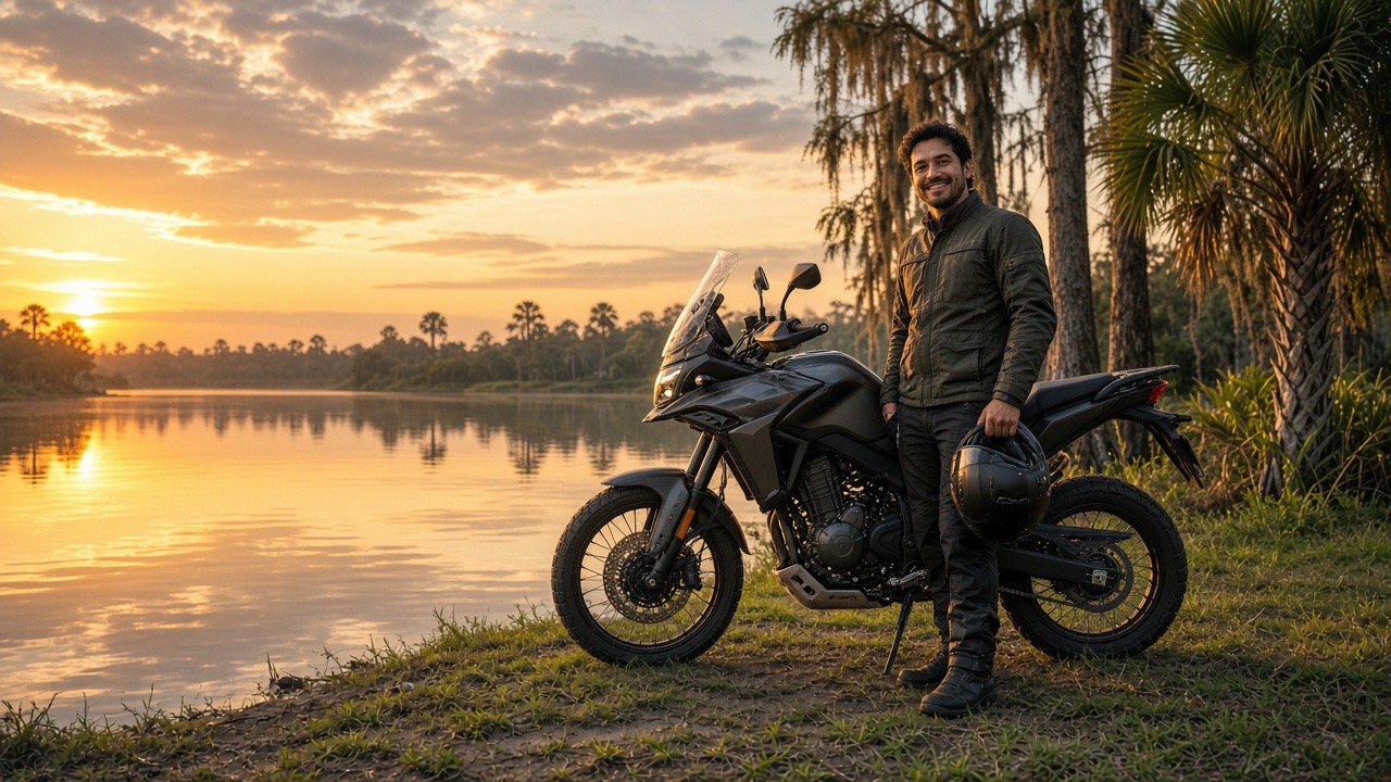 A smiling rider holding his helmet beside his motorcycle on a Florida lakeshore at sunset