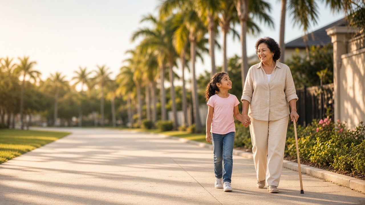 A smiling grandmother with a cane walking hand in hand with her granddaughter on a sunny, palm-lined Florida sidewalk