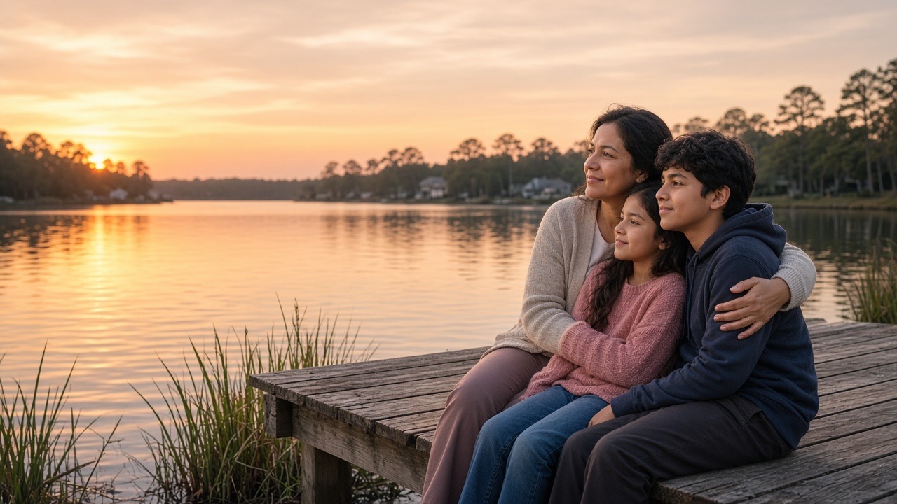 A mother hugging her two children as they sit on a dock by a Florida lake at sunset