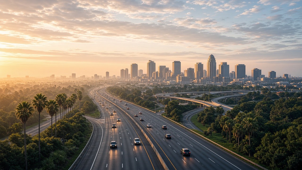 Light morning traffic on a Central Florida interstate leading into the Orlando skyline at sunrise