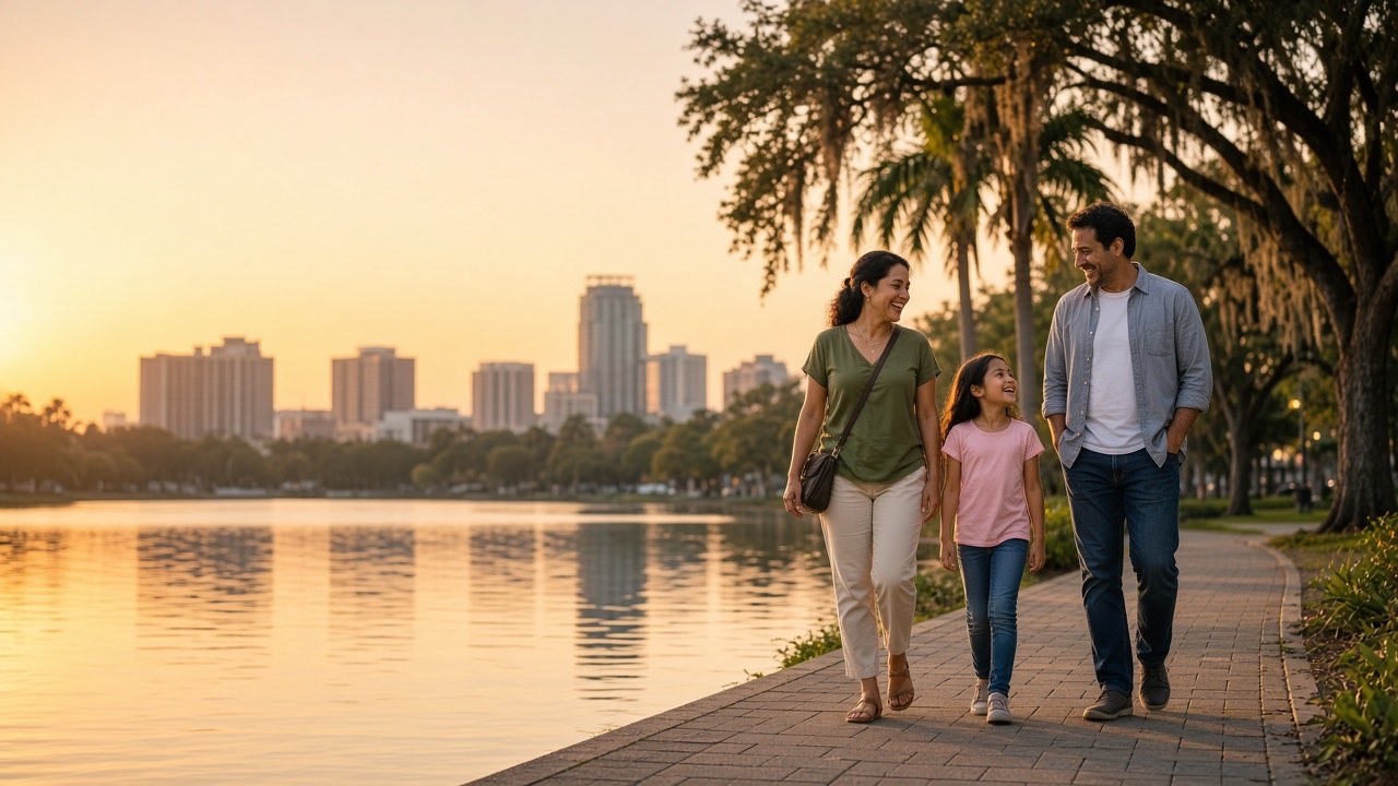 A family walking together around Lake Eola in Orlando at sunrise