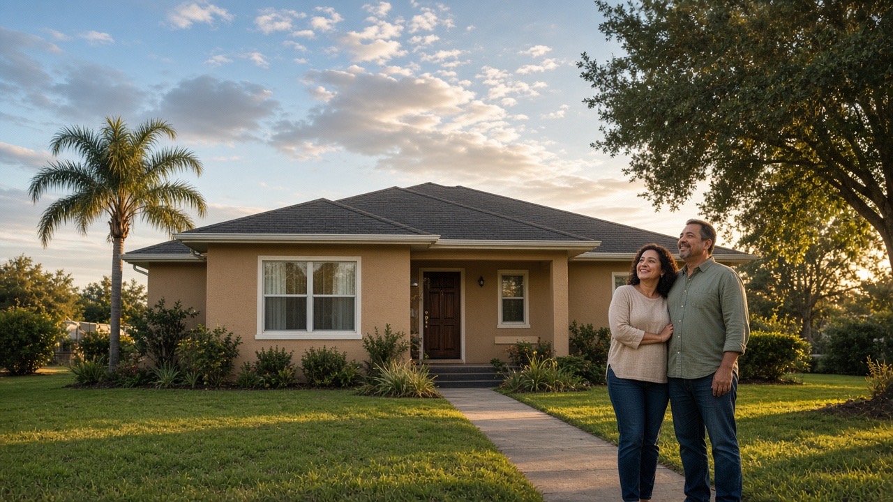 A smiling couple standing arm in arm in front of their Central Florida home with a repaired roof at sunset