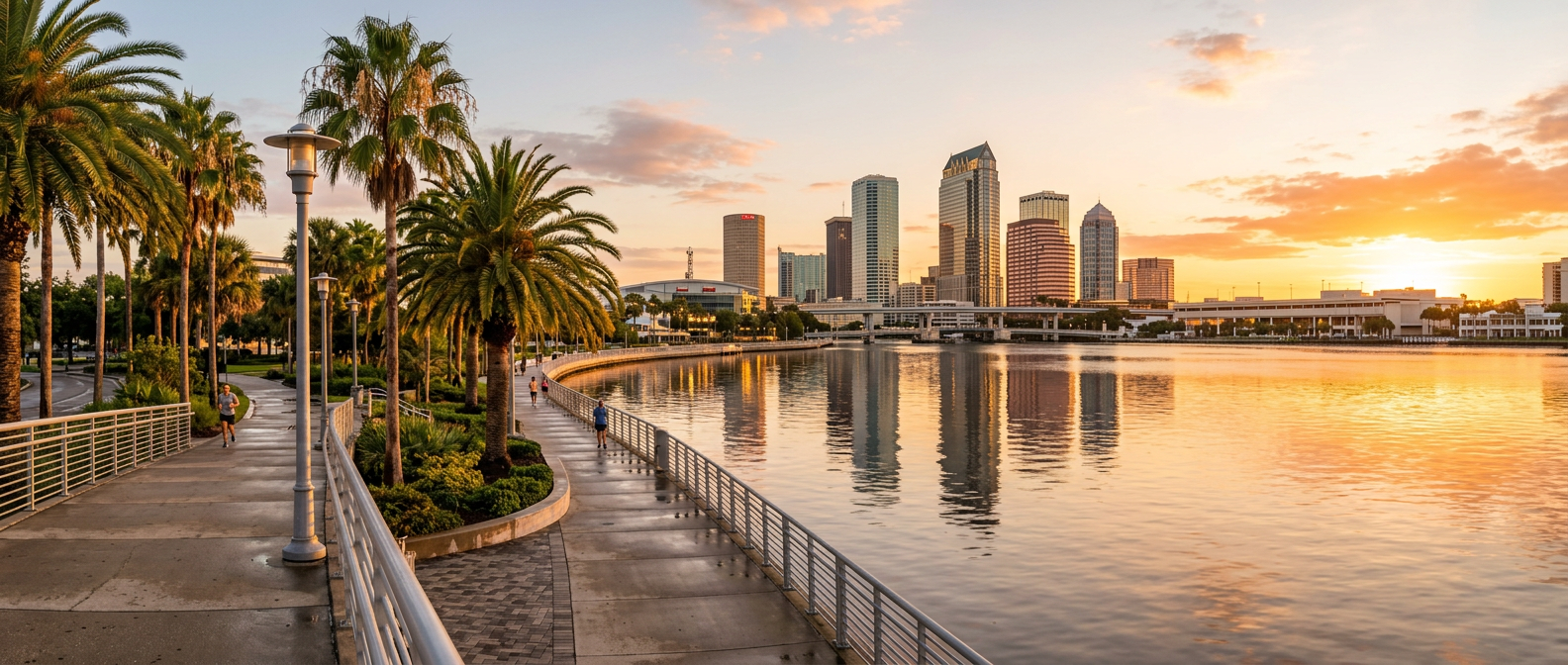 Tampa riverwalk and skyline across calm water at sunrise