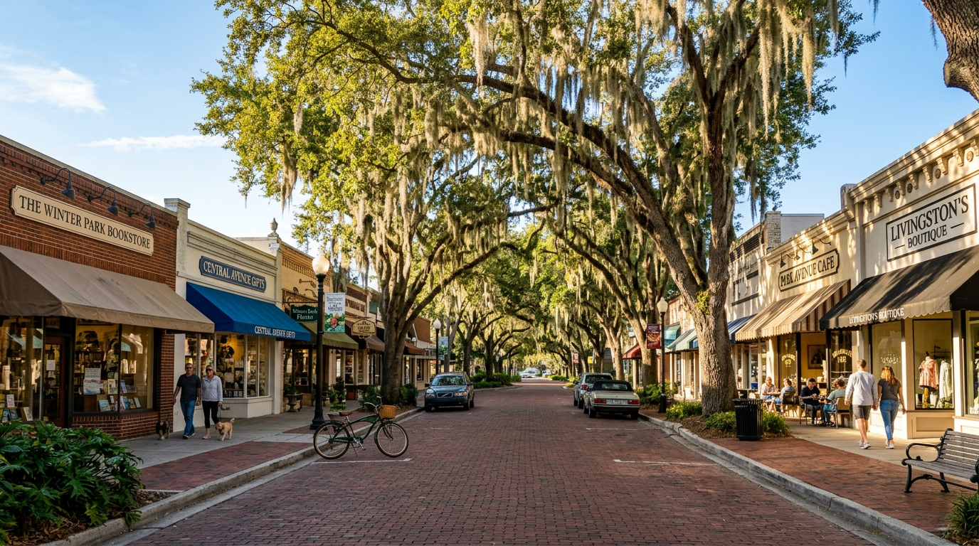 Oak-lined brick street in Winter Park, Florida, in morning light
